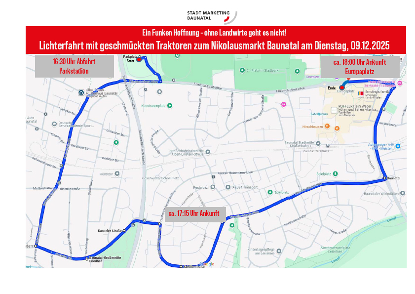 Lichterfahrt Baunatal, Route Lichterfahrt, Nikolausmarkt Baunatal